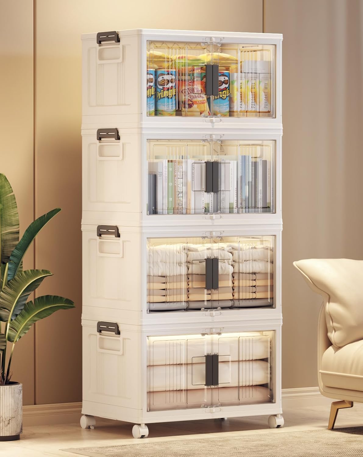 OlarHike 144QT Lockable Storage Bins with Lids - Folding Storage box with Doors and Wheels, Collapsible Plastic Bins for Closets, Stackable Organizer and Containers, Christmas Gifts, 3 Pack Cubes