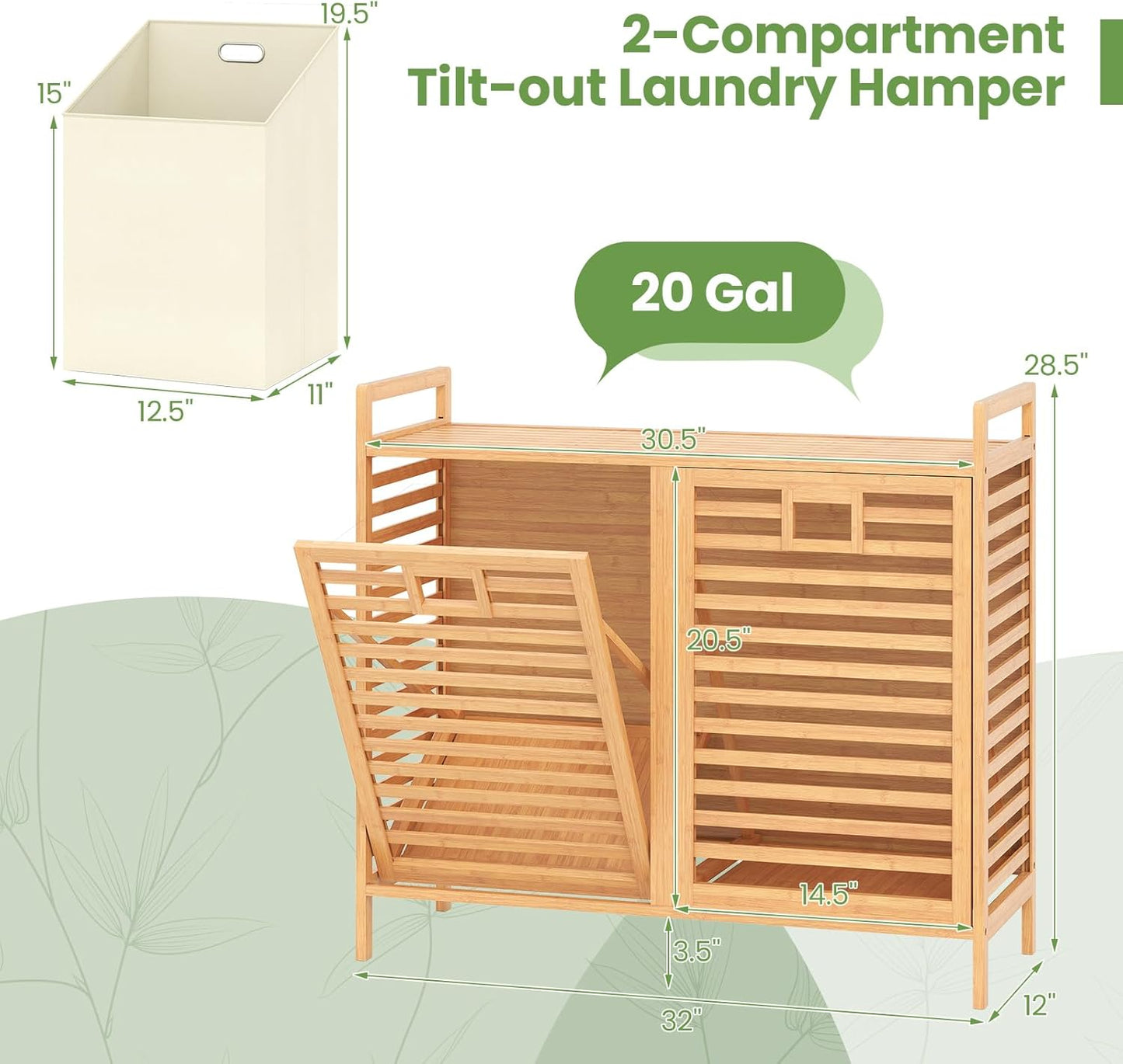 Giantex Tilt Out Laundry Hamper, 20 Gal Bamboo Laundry Storage Cabinet with 2 Removable & Foldable Fabric Bins, Top Shelf, Pull Out Laundry Basket Organizer for Bathroom, Living Room, Bedroom