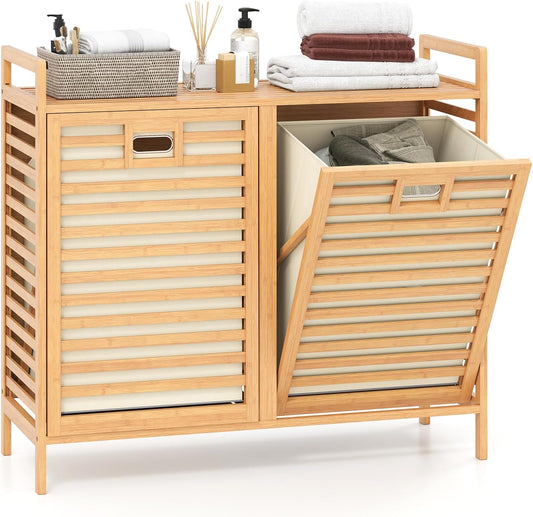 Giantex Tilt Out Laundry Hamper, 20 Gal Bamboo Laundry Storage Cabinet with 2 Removable & Foldable Fabric Bins, Top Shelf, Pull Out Laundry Basket Organizer for Bathroom, Living Room, Bedroom