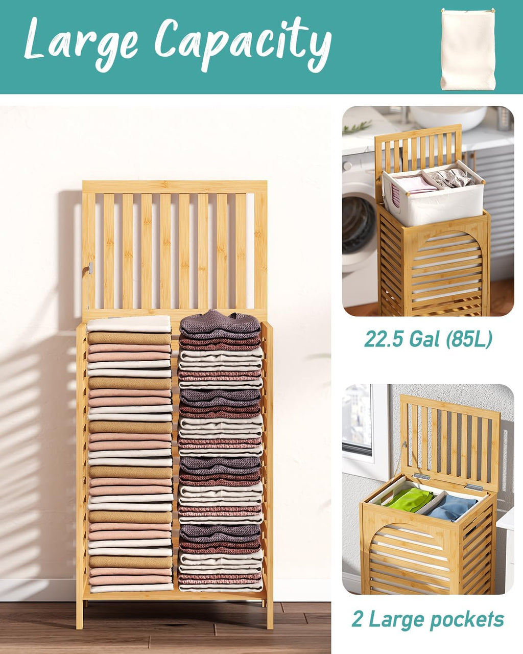 Laundry Hamper, 22.5 Gallon (85L) Bamboo Wood Clothes Laundry Basket with Lid and Handles, Removable Liner (Natural, Large)