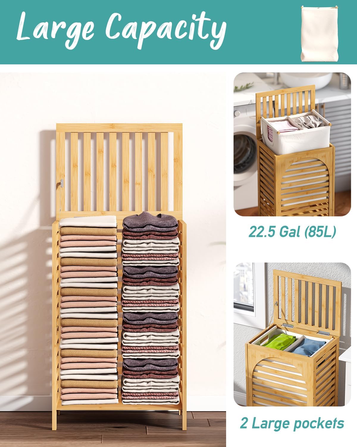 Laundry Hamper, 22.5 Gallon (85L) Bamboo Wood Clothes Laundry Basket with Lid and Handles, Removable Liner (Natural, Large)