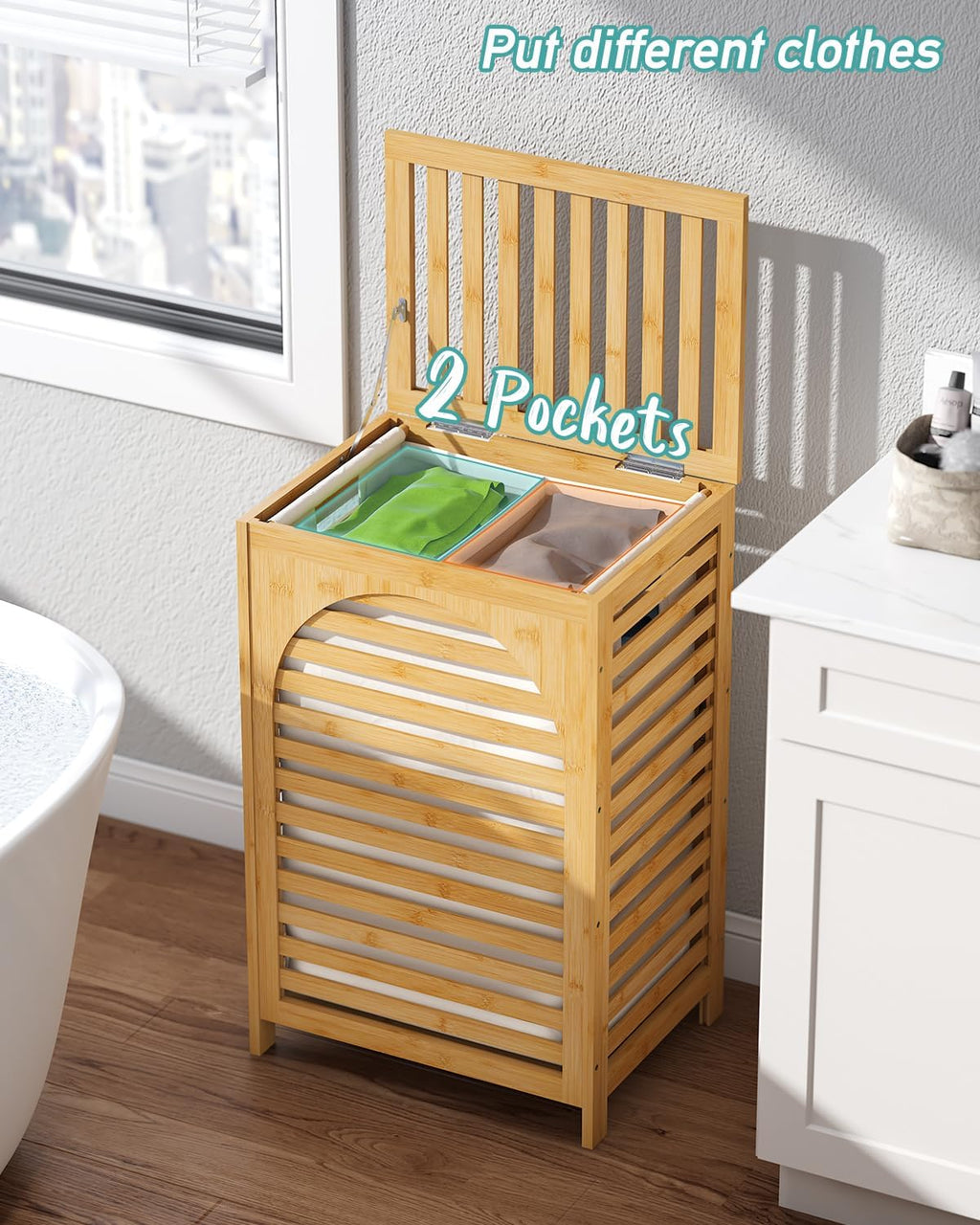Laundry Hamper, 22.5 Gallon (85L) Bamboo Wood Clothes Laundry Basket with Lid and Handles, Removable Liner (Natural, Large)