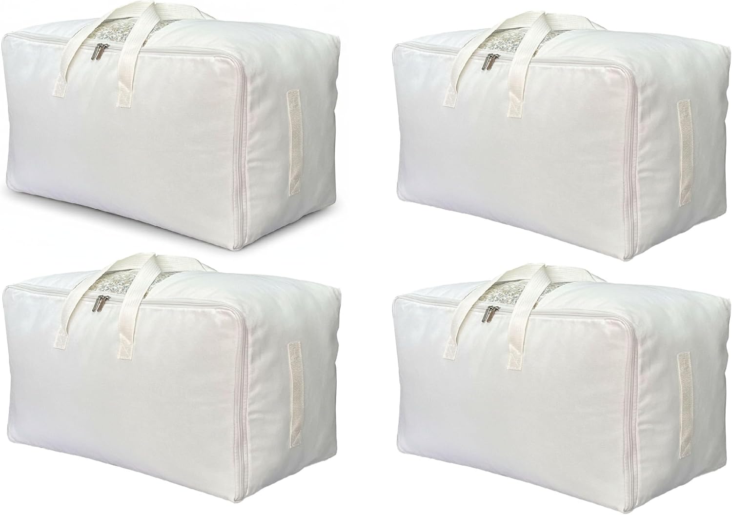 Soft Large Canvas Storage Bags with Zipper and Clear Window, Cotton Linen Storage for Pillows, Quilt, Blankets and Comforter, 80L, 4 Pack, Beige