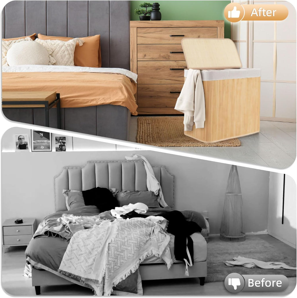 100L Laundry Hamper with lid, 2-Section Clothes Laundry Basket with Handles, Large Collapsible Bamboo Baskets for Bedroom, Bathroom, Dorm, Natural Beige