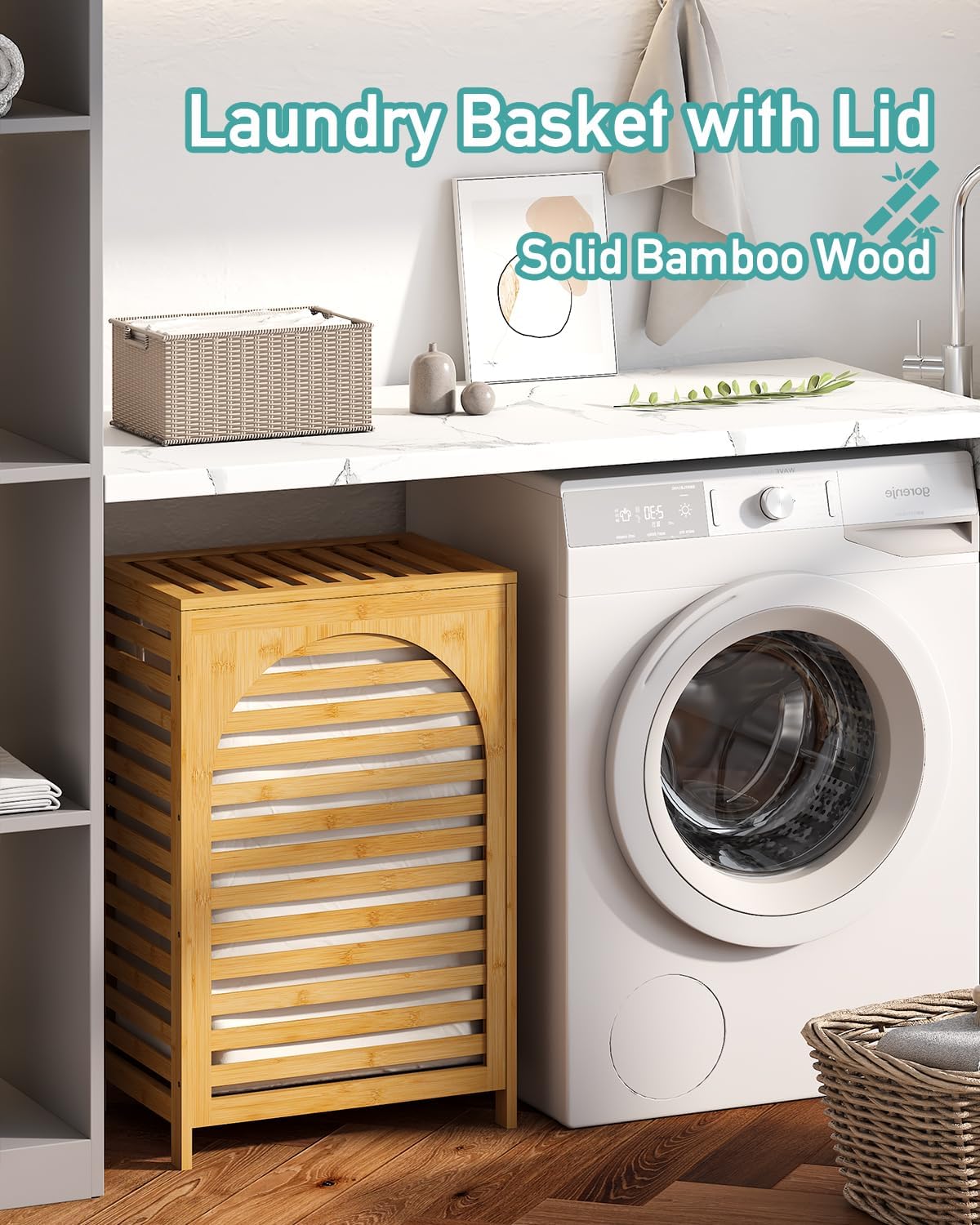 Laundry Hamper, 22.5 Gallon (85L) Bamboo Wood Clothes Laundry Basket with Lid and Handles, Removable Liner (Natural, Large)