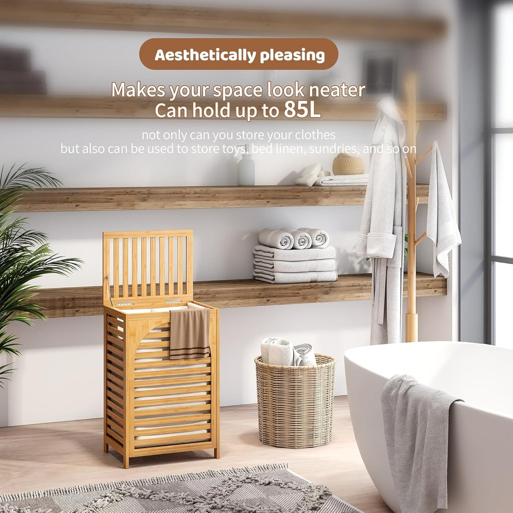 FILWH Laundry Hamper with Lid (16.9 * 13 * 26.5inches) Large Bamboo Laundry Bin Basket 85L Clothes Hamper with 1 Removable Bag Storage baskets for Bathroom(Natural)