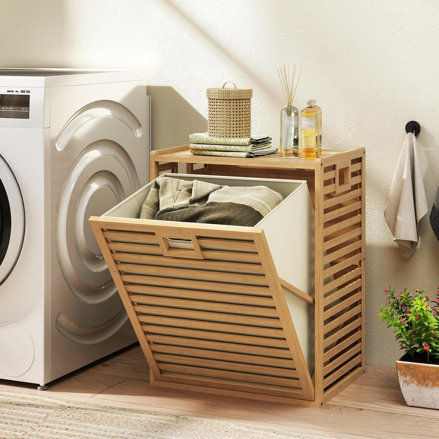 Giantex Tilt Out Laundry Hamper, Bamboo Laundry Storage Cabinet with Removable & Foldable Fabric Bin, Top Shelf, Laundry Basket Organizer for Bathroom, Laundry Room, Living Room, Bedroom, Natural