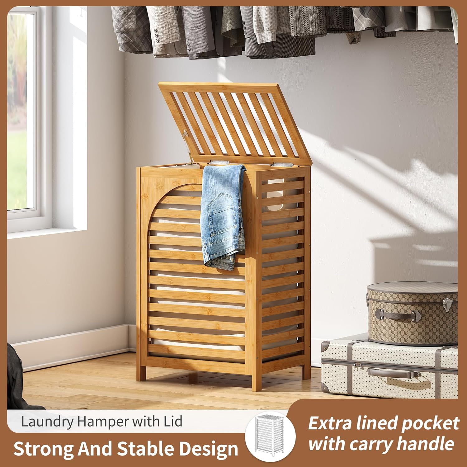 FILWH Laundry Hamper with Lid (16.9 * 13 * 26.5inches) Large Bamboo Laundry Bin Basket 85L Clothes Hamper with 1 Removable Bag Storage baskets for Bathroom(Natural)