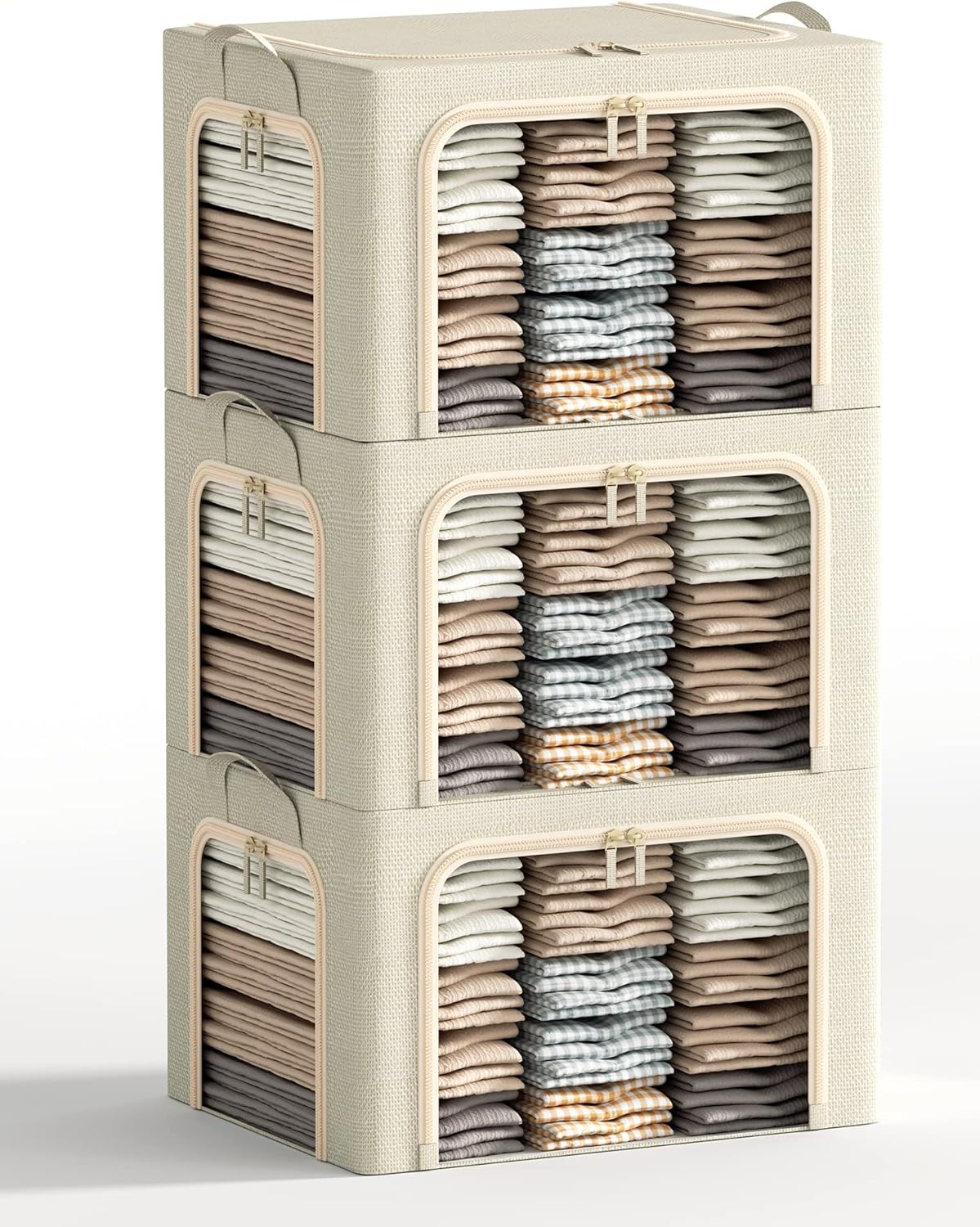 3 Openings Clothes Storage Bins with Metal Frame, Foldable Storage Bin for Clothes, Clothing Storage Bins with Lid, Linen Storage Box With Clear Window＆ Zippers＆ Durable Handles.(3 Pcs,Light Grey,40L)