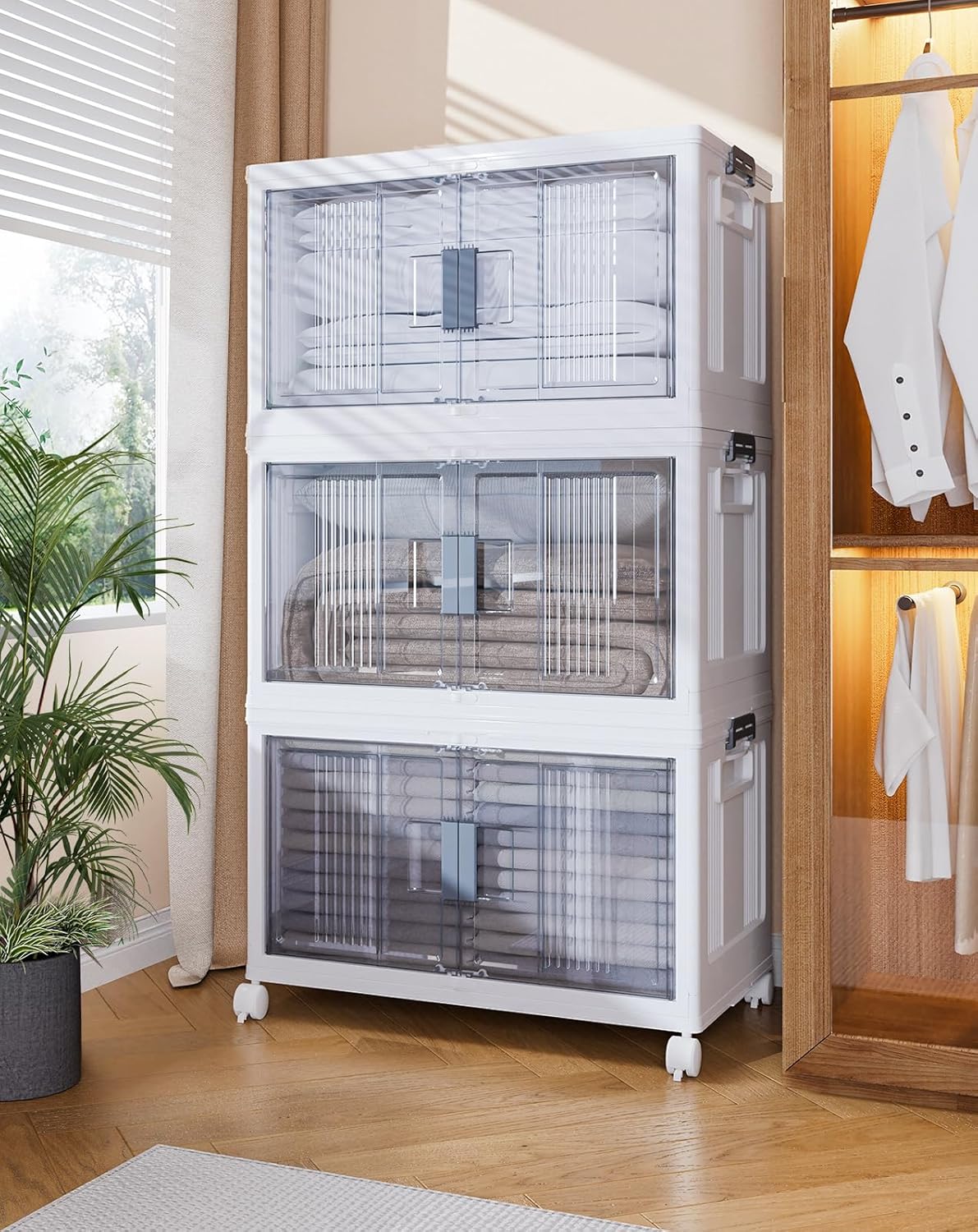 OlarHike 144QT Lockable Storage Bins with Lids - Folding Storage box with Doors and Wheels, Collapsible Plastic Bins for Closets, Stackable Organizer and Containers, Christmas Gifts, 3 Pack Cubes