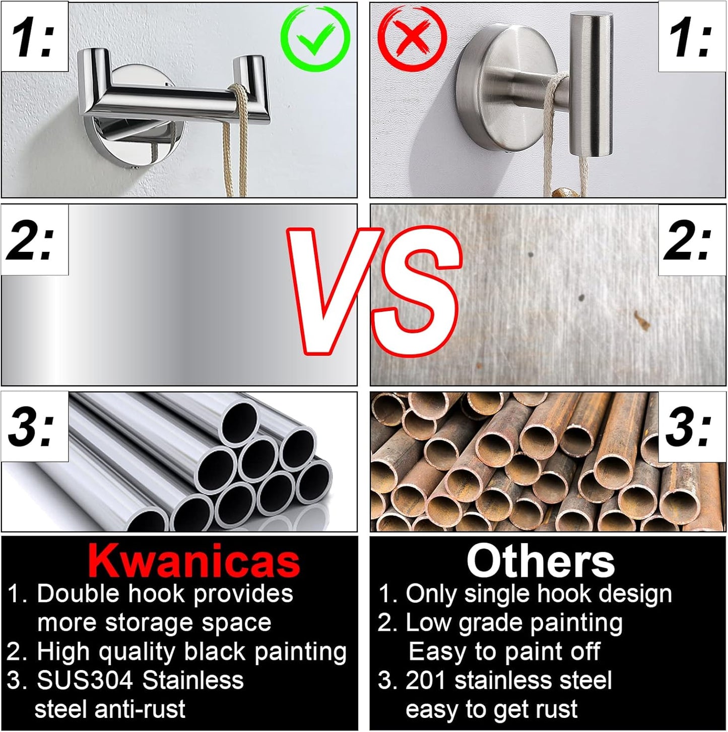 Towel Hooks For Bathrooms, Polished Chrome Towel Hook For Kitchen Bathroom, SUS304 Stainless Steel Coat Hook, Heavy Duty Double Holder Robe Hooks For Hanging Towels,Coats,Clothes,Wall Mount, 4 Pack