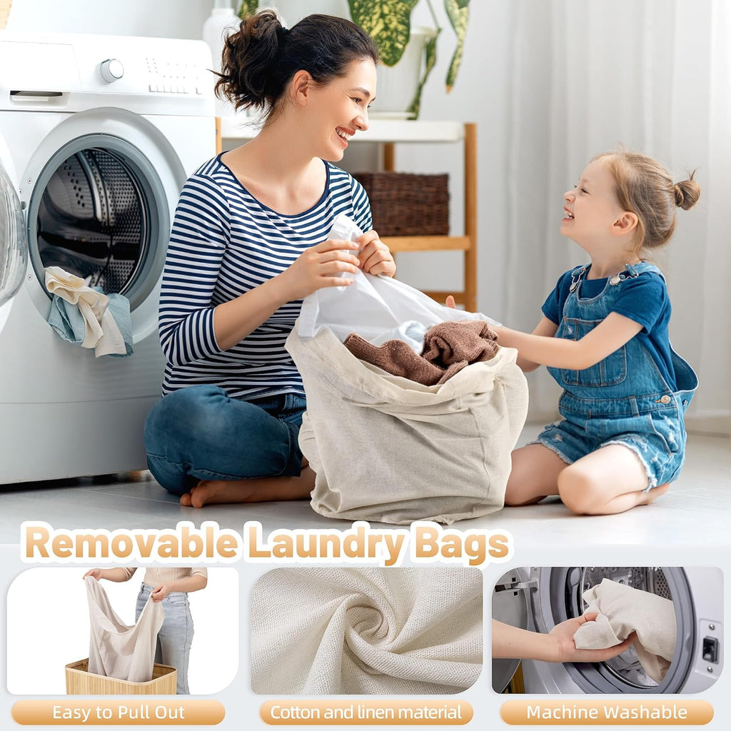 100L Laundry Hamper with lid, 2-Section Clothes Laundry Basket with Handles, Large Collapsible Bamboo Baskets for Bedroom, Bathroom, Dorm, Natural Beige