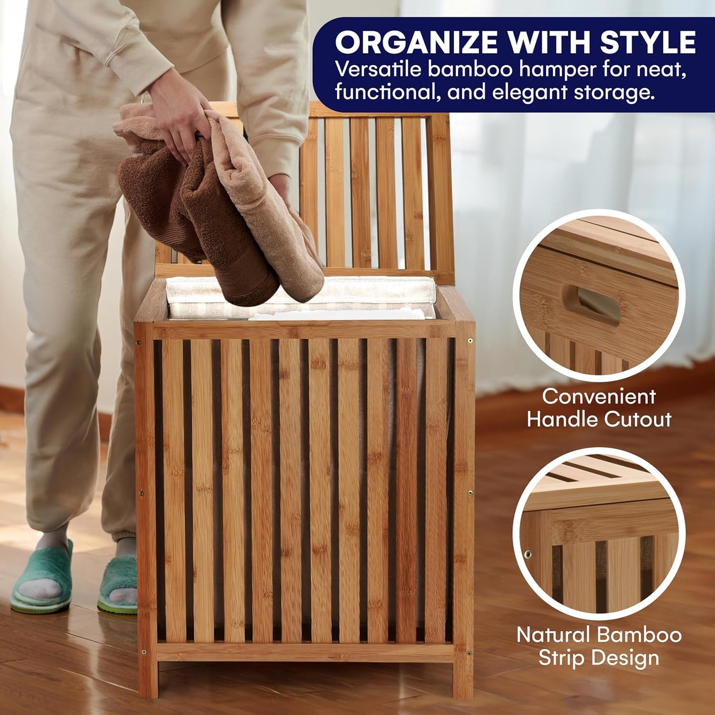 2LB Depot Laundry Hamper - 25x20x13-Inch Waterproof Bamboo Laundry Basket with Lid - Clothes Hamper for Clothes, Versatile Storage for Blankets, Toys, Towels - Suitable for Home Organization -110L