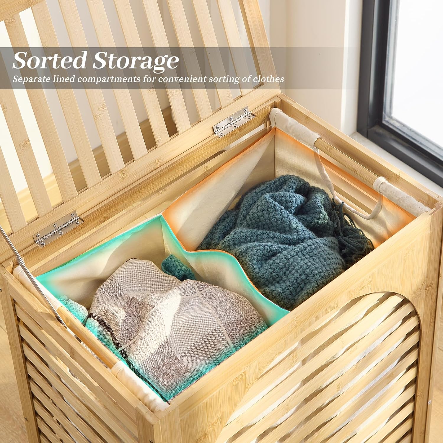 Laundry Hamper with Lid, Bamboo Clothes Laundry Basket with Handles, Removable 2-Section Liner bag, Hampers for Bedroom Aesthetic, Large Storage for Bath Towel, Sheets or Toys, Home (Natural)