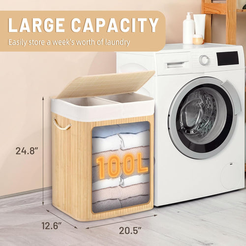 100L Laundry Hamper with lid, 2-Section Clothes Laundry Basket with Handles, Large Collapsible Bamboo Baskets for Bedroom, Bathroom, Dorm, Natural Beige