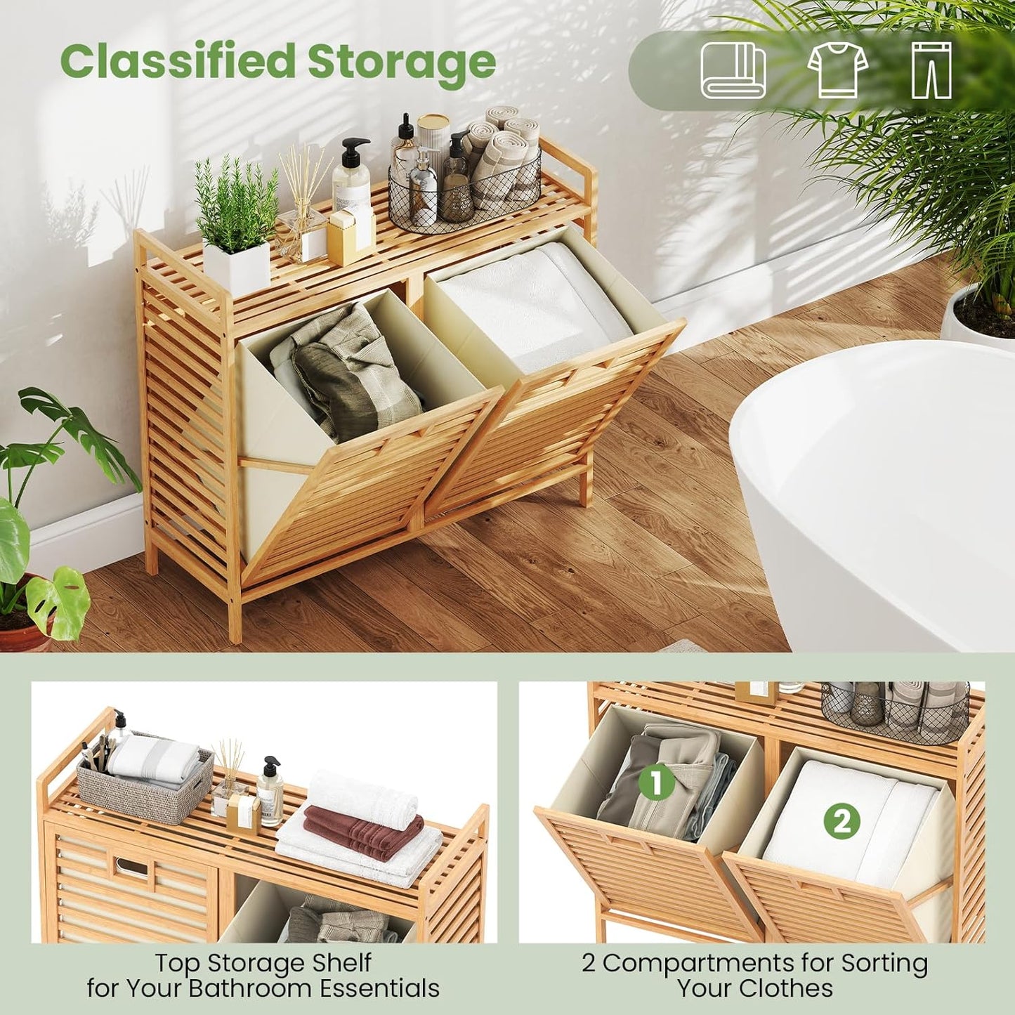 Giantex Tilt Out Laundry Hamper, 20 Gal Bamboo Laundry Storage Cabinet with 2 Removable & Foldable Fabric Bins, Top Shelf, Pull Out Laundry Basket Organizer for Bathroom, Living Room, Bedroom