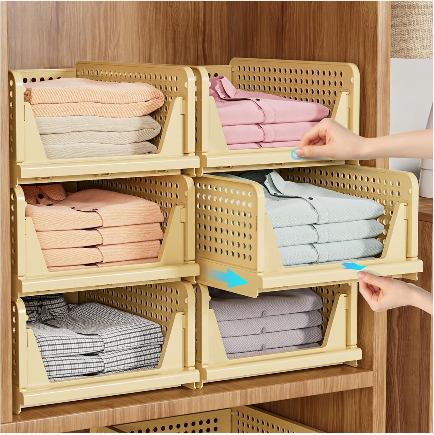 SNSLXH 5 Pack Stackable Closet Storage Basket, Multifunctional & Foldable Closet Organizer for Bathroom Kitchen Laundry Room Wardrobe Storage, Space-Saving Clothes Storage Drawer Organizer, White