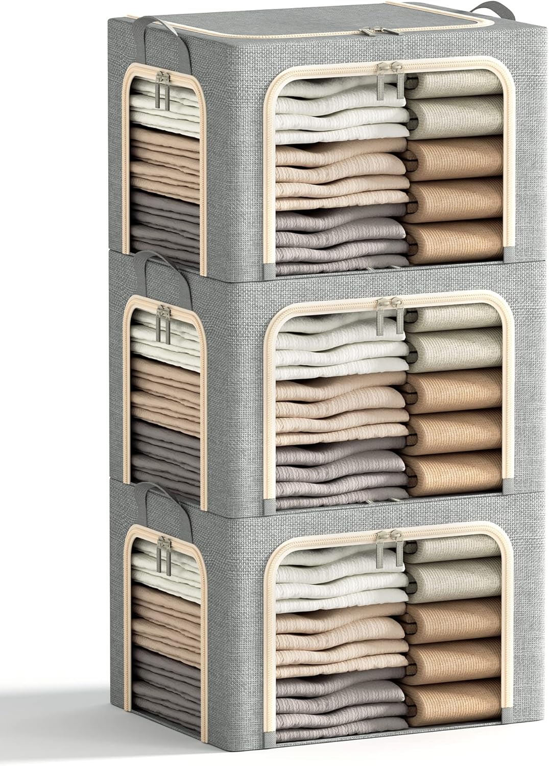 3 Openings Clothes Storage Bins with Metal Frame, Foldable Storage Bin for Clothes, Clothing Storage Bins with Lid, Linen Storage Box With Clear Window＆ Zippers＆ Durable Handles.(3 Pcs,Light Grey,40L)
