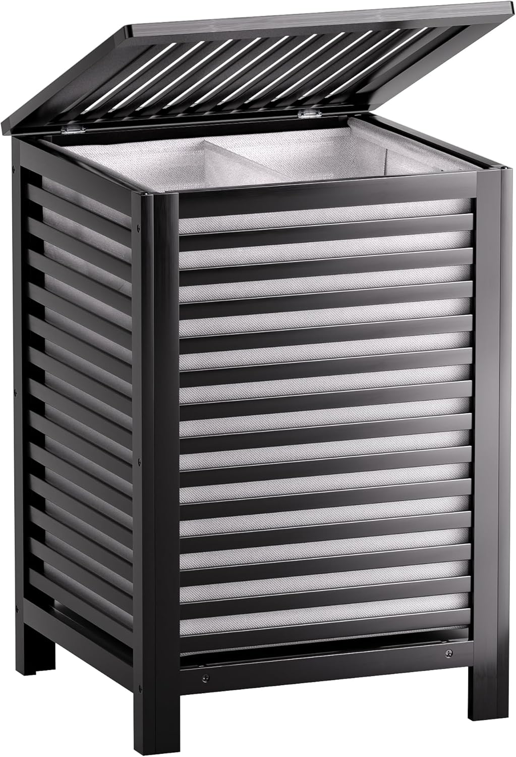 SMIBUY Double Laundry Hamper with Lid, 120L Bamboo Laundry Basket with Removable Liner Bag, 2-Section Clothes Divider Laundry Sorter for Laundry Room, Bathroom, Bedroom (Walnut)