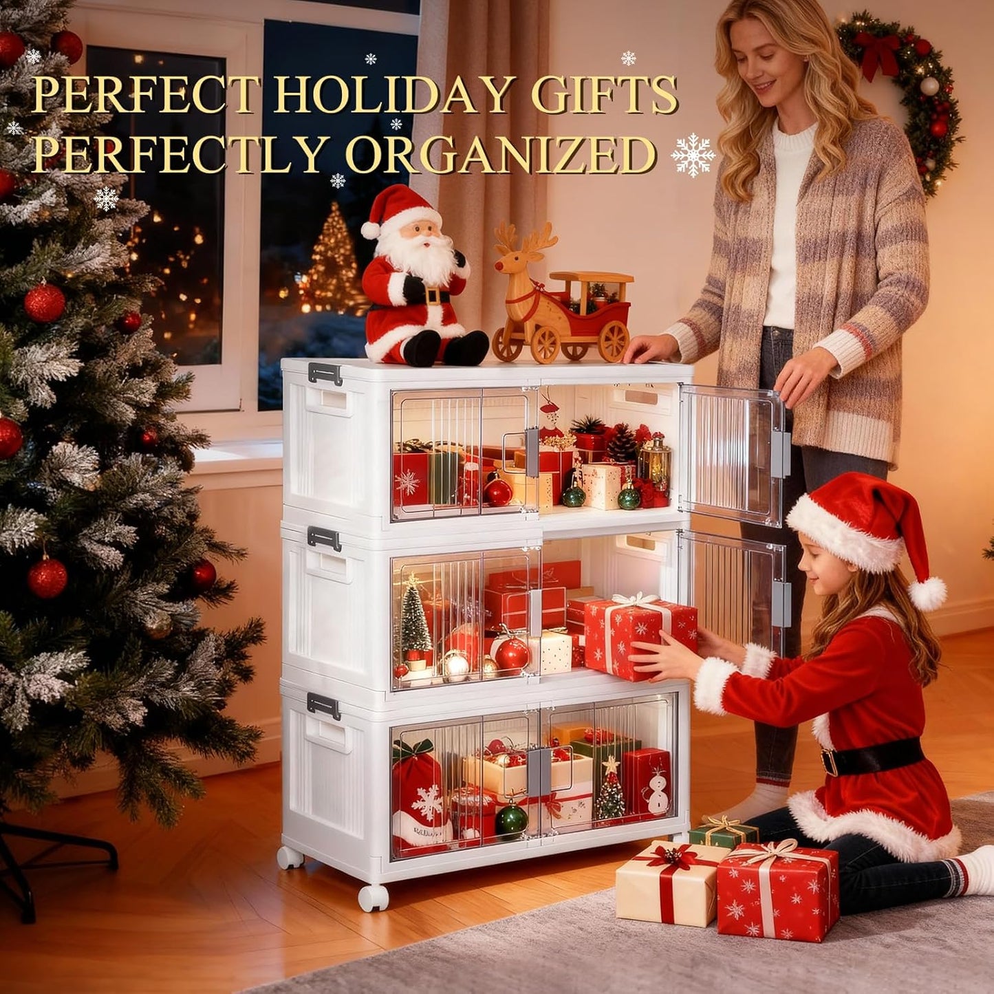 OlarHike 144QT Lockable Storage Bins with Lids - Folding Storage box with Doors and Wheels, Collapsible Plastic Bins for Closets, Stackable Organizer and Containers, Christmas Gifts, 3 Pack Cubes