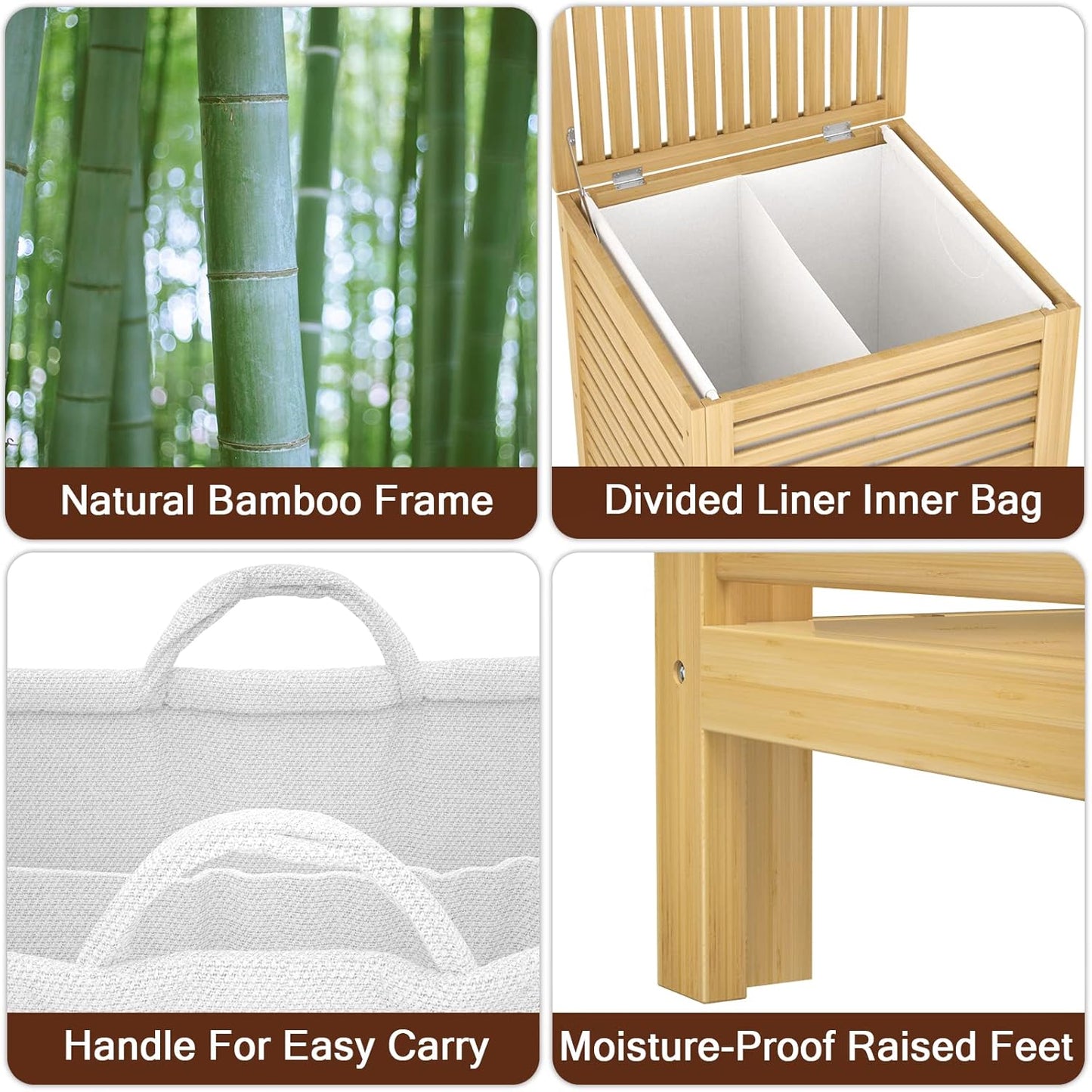 Homykic Bamboo Laundry Hamper with Lid, 120L Large Clothes Laundry Sorter with Removable 2-Section Liner Bag, Raised Laundry Basket Organizer for Clothing, Bathroom, Bedroom, Laundry Room, Natural
