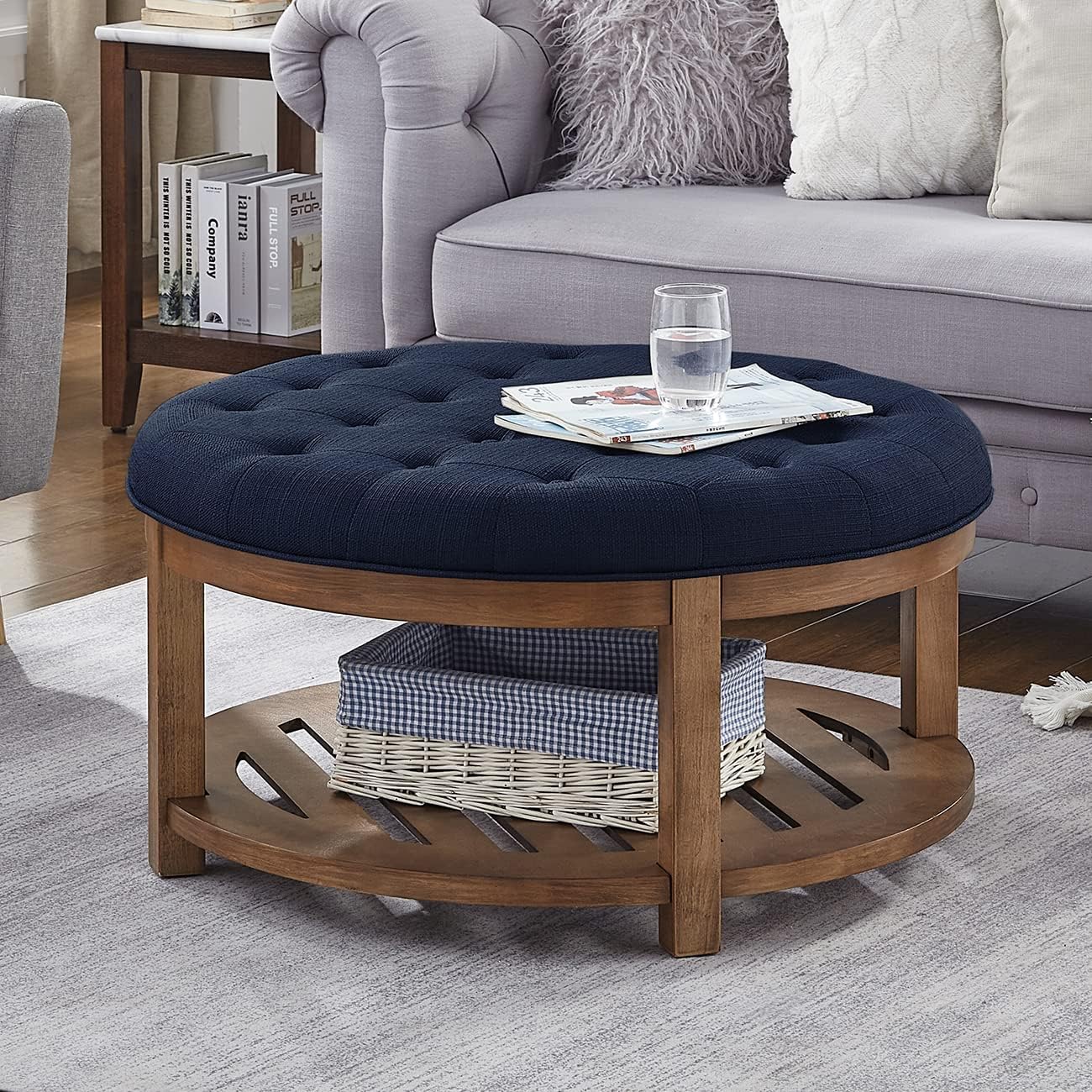 24KF Large Round Upholstered Tufted Linen Ottoman Coffee Table, Large Footrest Ottoman with Wood Shelf Storage- Navy Blue