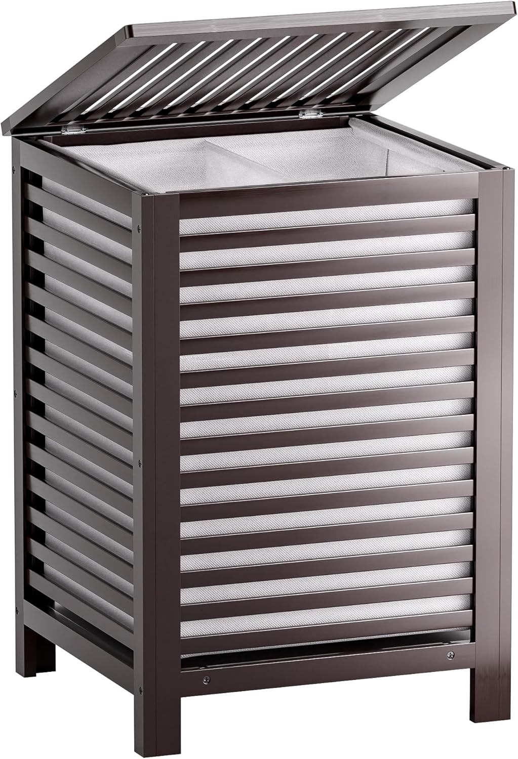 SMIBUY Double Laundry Hamper with Lid, 120L Bamboo Laundry Basket with Removable Liner Bag, 2-Section Clothes Divider Laundry Sorter for Laundry Room, Bathroom, Bedroom (Walnut)