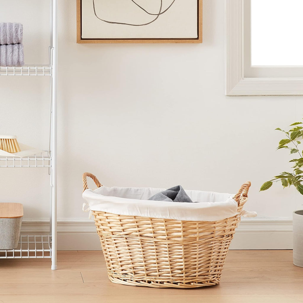 Household Essentials Wicker Laundry Basket with Handles, Handwoven Willow, Removable and Washable Liner, Great for Carrying Laundry or Storing Linens