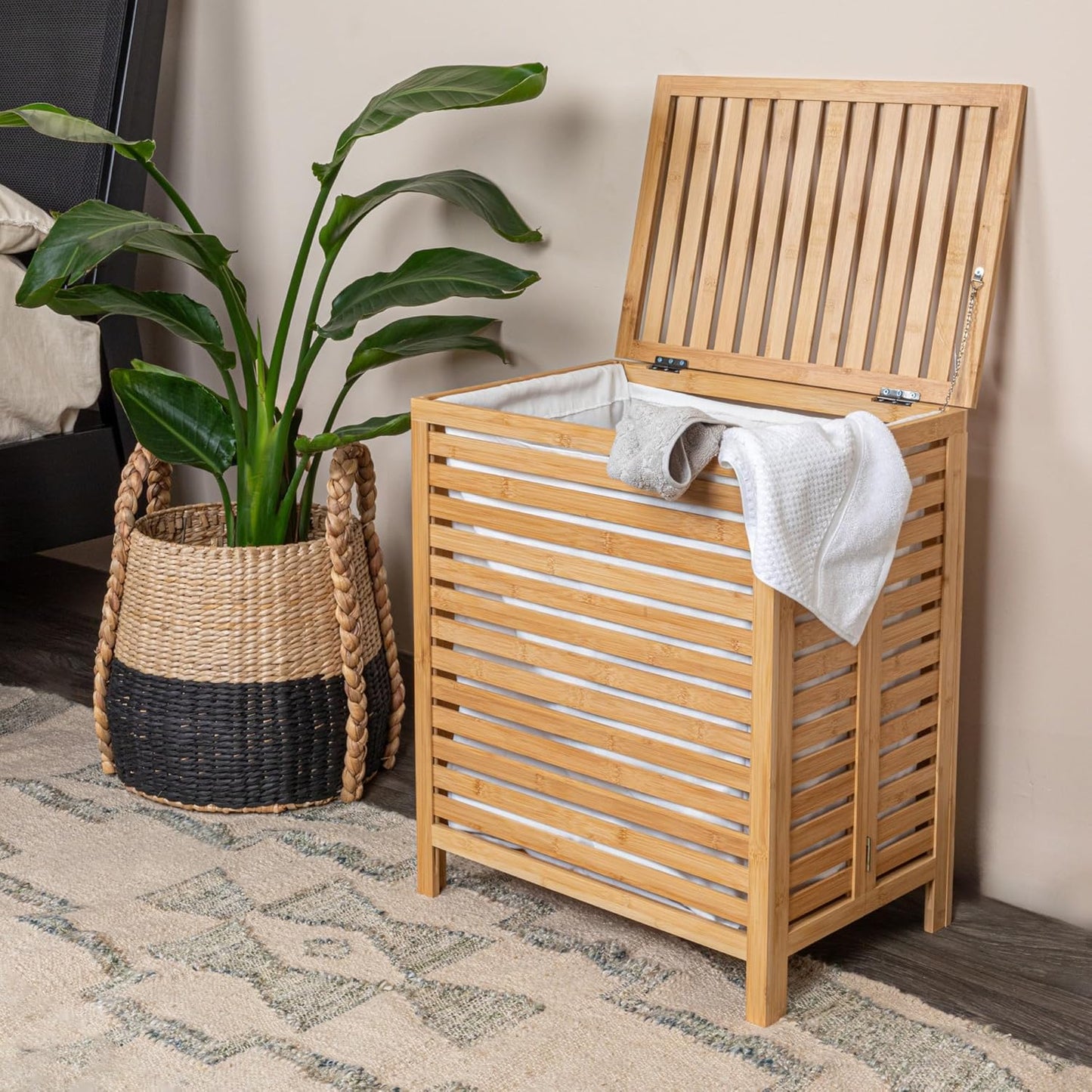 Household Essentials Bamboo Laundry Hamper, Slated Hamper with Natural Cotton Bag, Removable Bag and Foldable Frame, Chic and Environmentally Friendly