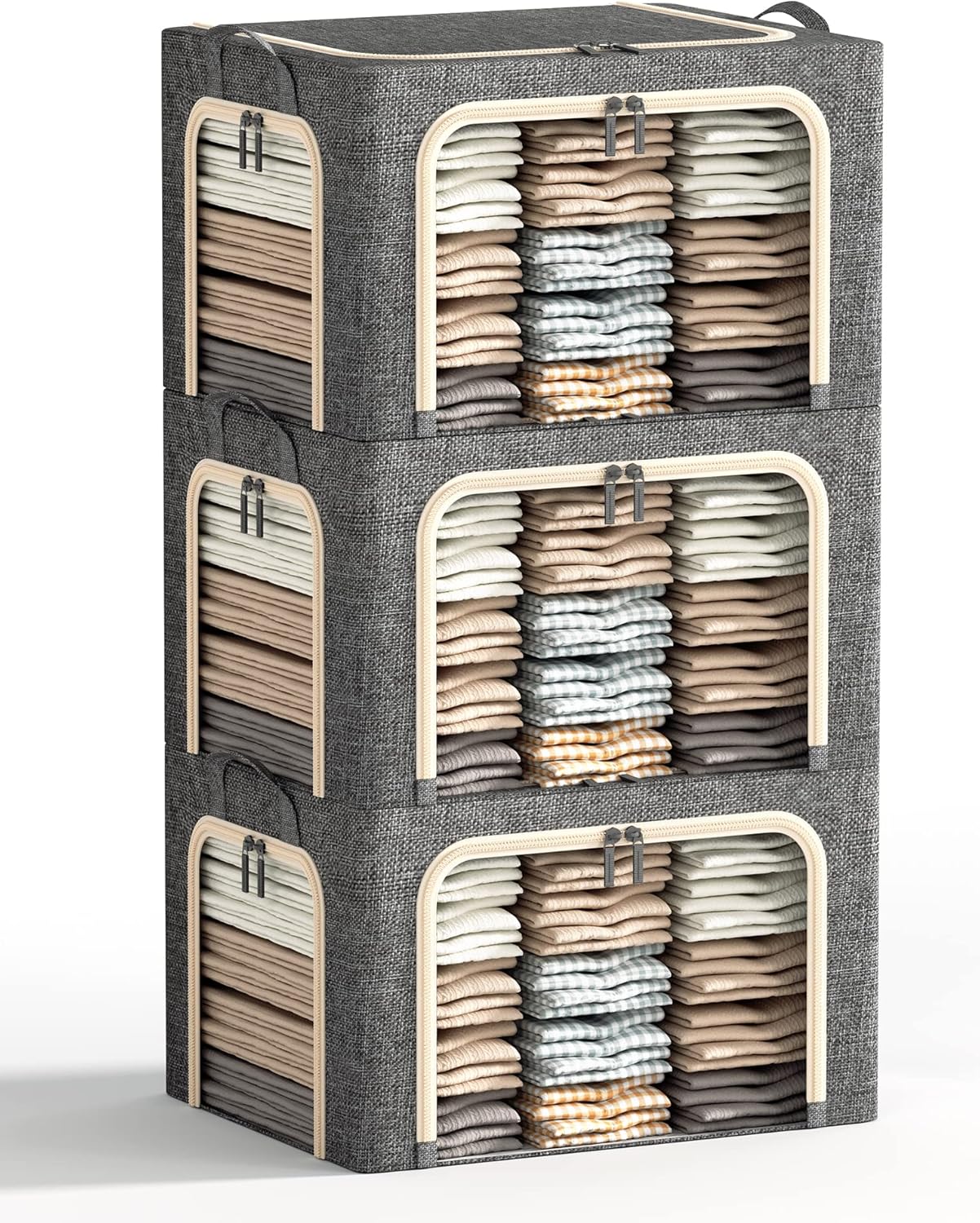 3 Openings Clothes Storage Bins with Metal Frame, Foldable Storage Bin for Clothes, Clothing Storage Bins with Lid, Linen Storage Box With Clear Window＆ Zippers＆ Durable Handles.(3 Pcs,Light Grey,40L)