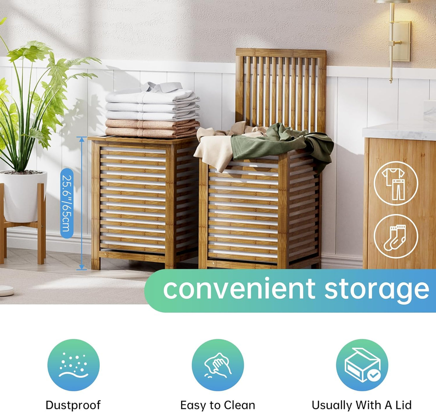 SMIBUY Double Laundry Hamper with Lid, 120L Bamboo Laundry Basket with Removable Liner Bag, 2-Section Clothes Divider Laundry Sorter for Laundry Room, Bathroom, Bedroom (Walnut)