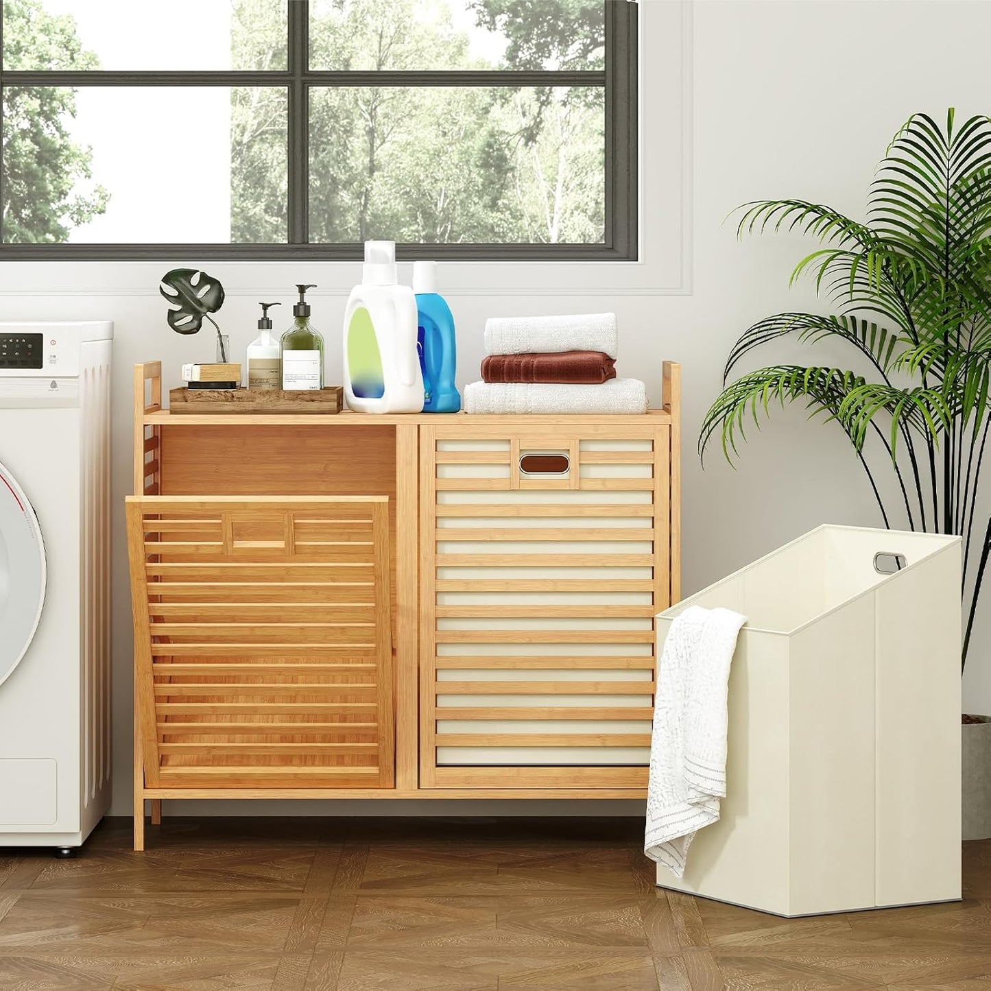 Giantex Tilt Out Laundry Hamper, 20 Gal Bamboo Laundry Storage Cabinet with 2 Removable & Foldable Fabric Bins, Top Shelf, Pull Out Laundry Basket Organizer for Bathroom, Living Room, Bedroom