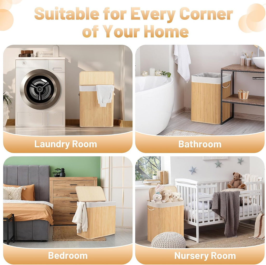 100L Laundry Hamper with lid, 2-Section Clothes Laundry Basket with Handles, Large Collapsible Bamboo Baskets for Bedroom, Bathroom, Dorm, Natural Beige