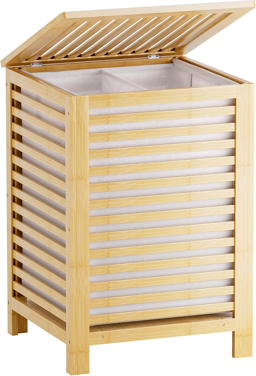 SMIBUY Double Laundry Hamper with Lid, 120L Bamboo Laundry Basket with Removable Liner Bag, 2-Section Clothes Divider Laundry Sorter for Laundry Room, Bathroom, Bedroom (Walnut)