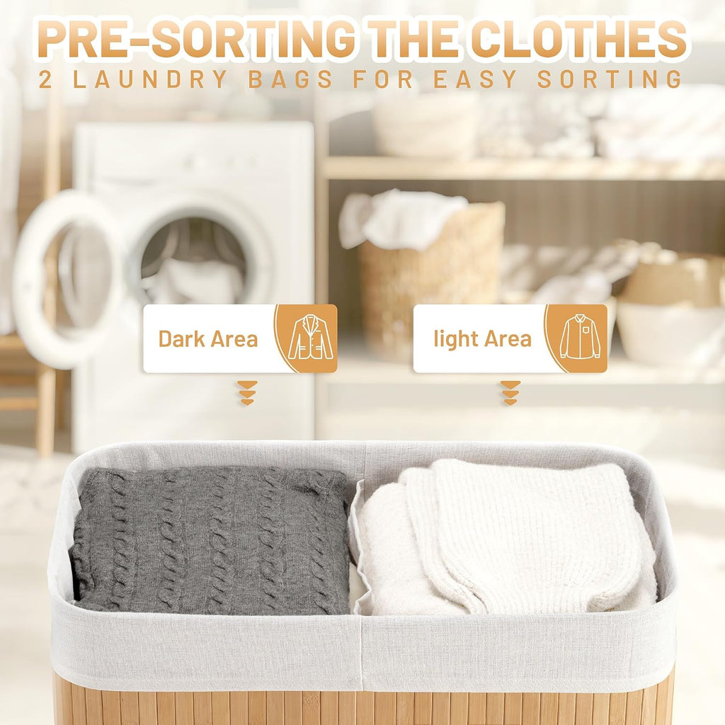 100L Laundry Hamper with lid, 2-Section Clothes Laundry Basket with Handles, Large Collapsible Bamboo Baskets for Bedroom, Bathroom, Dorm, Natural Beige