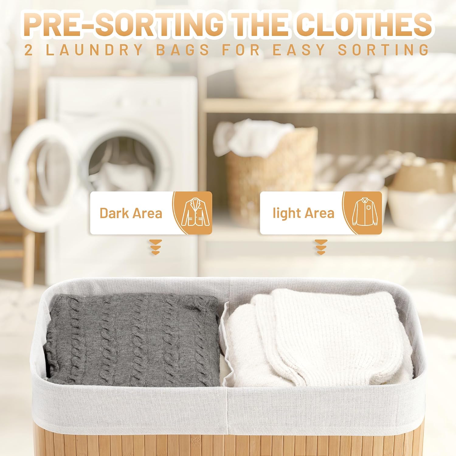 100L Laundry Hamper with lid, 2-Section Clothes Laundry Basket with Handles, Large Collapsible Bamboo Baskets for Bedroom, Bathroom, Dorm, Natural Beige