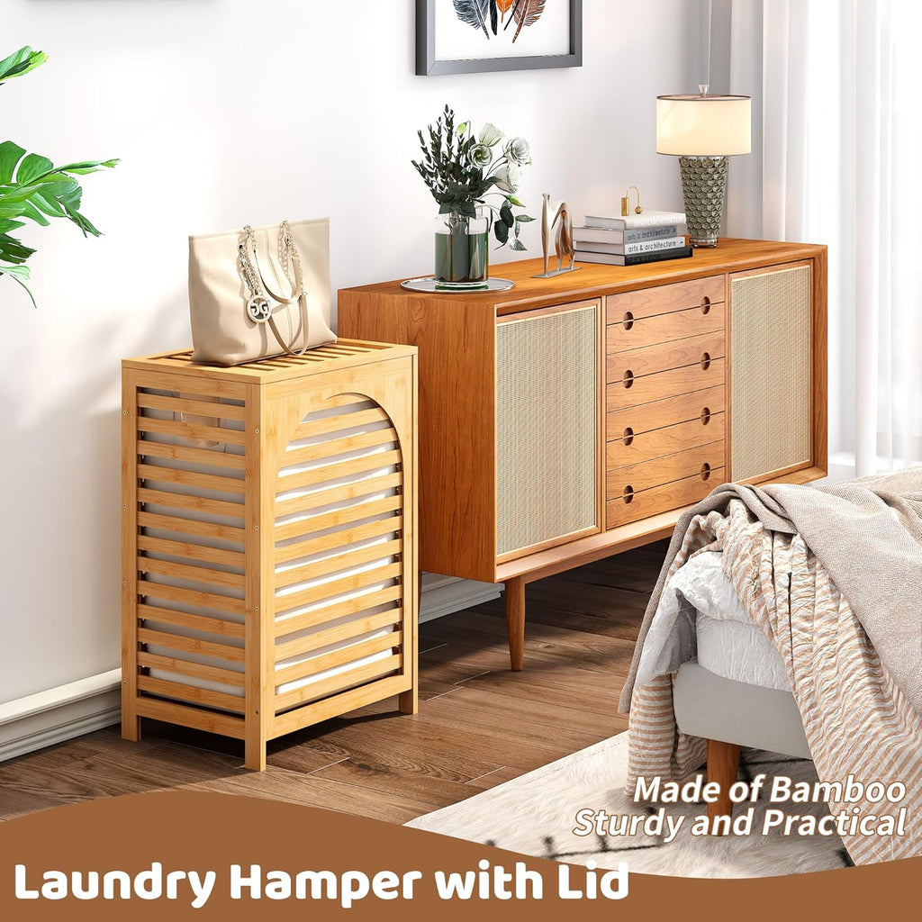FILWH Laundry Hamper with Lid (16.9 * 13 * 26.5inches) Large Bamboo Laundry Bin Basket 85L Clothes Hamper with 1 Removable Bag Storage baskets for Bathroom(Natural)