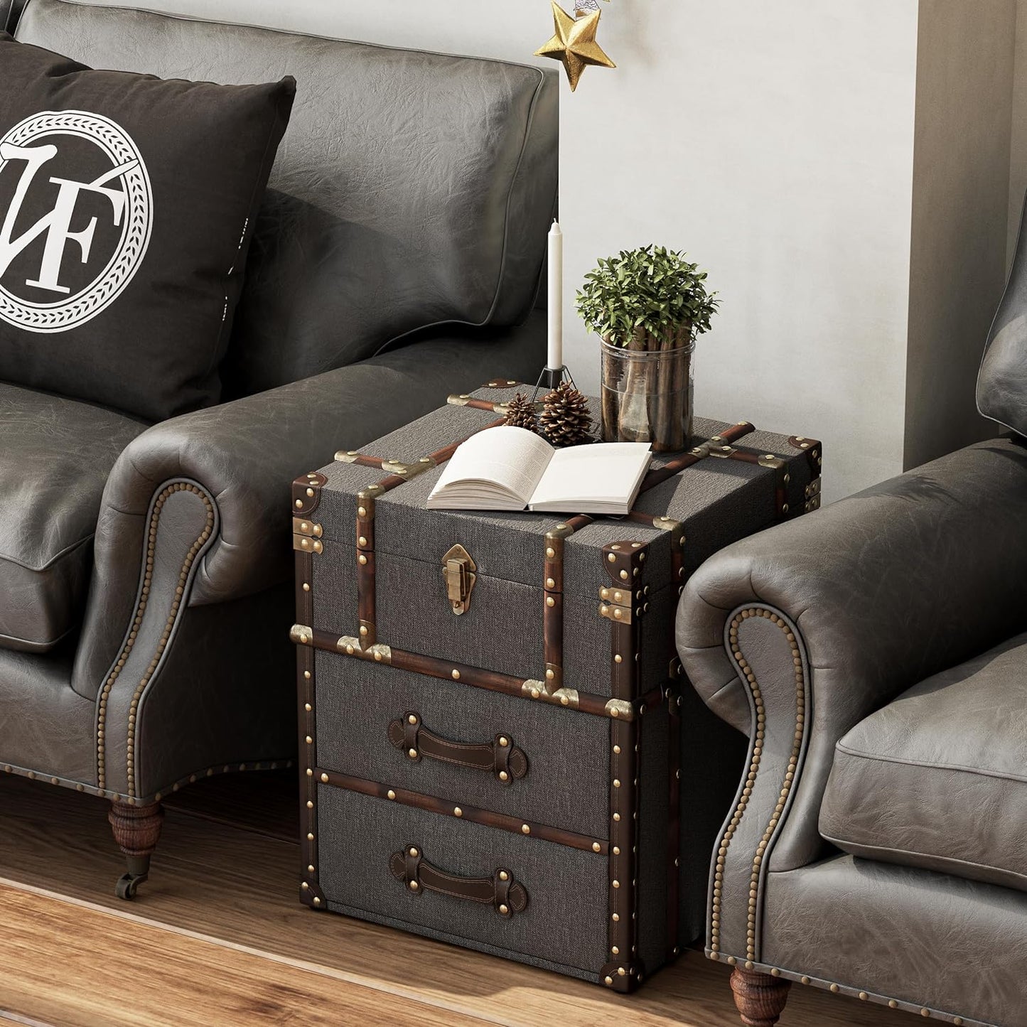 Vintage Storage Chest with Buckle Hinged Top, Linen Accent End Side Table for Living Room, Office, Bedroom, Rectangle, Grey